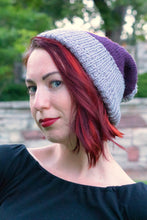 Load image into Gallery viewer, Kelsi modelling the purple and grey toque