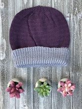 Load image into Gallery viewer, Knitted Sample of toque in purple and grey. Shown without pompom