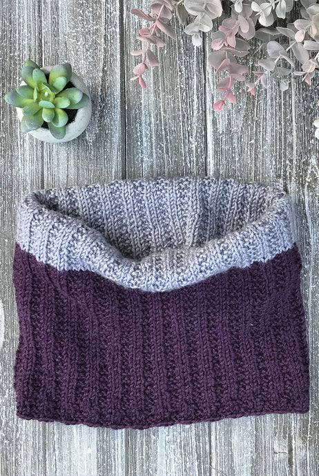 Knit Me Cowl Kit Sample in purple and grey