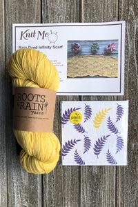 Example of contents of Wonderland Subscription box. Skein of Yellow Roots and Rain Yarn, Greeting Card and Pattern