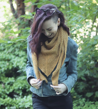 Load image into Gallery viewer, Kelsi modelling the extra cozy All Weather Wrap in the goldenrod colour