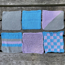 Load image into Gallery viewer, samples of the 6 dishcloths knitted up