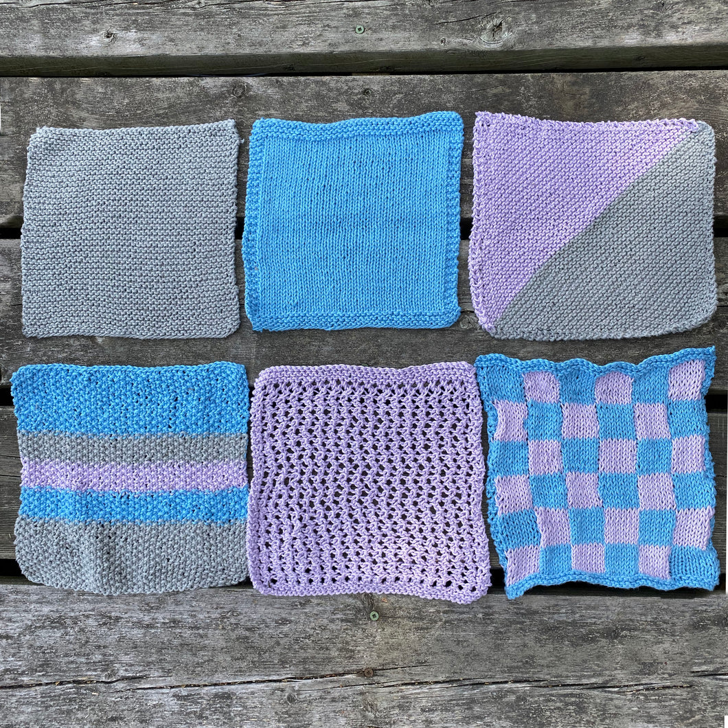 samples of the 6 dishcloths knitted up