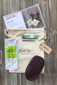 Boot Cuffs Contents: Eggplant worsted weight wool, Pattern, Knitting Needles, Wool Needle, Work In Progress Bag