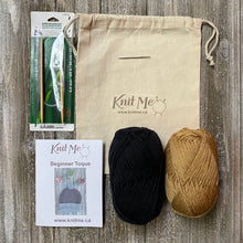 Load image into Gallery viewer, Content picture: black and mustard yarn, pattern, knitting needles, wool needle, work in progress bag